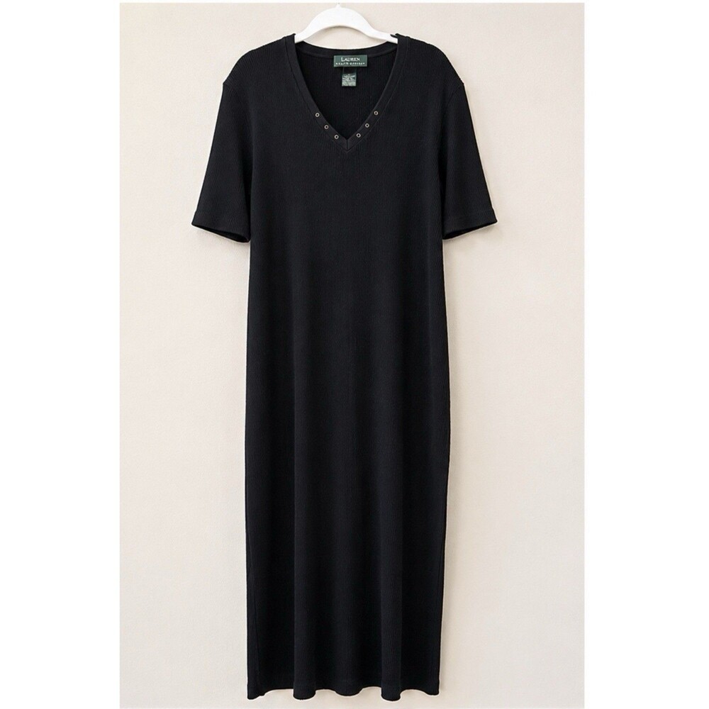 VTG Lauren Ralph Lauren Black Ribbed Maxi Dress Sz L Grommet V-Neck Slit 90s Y2K